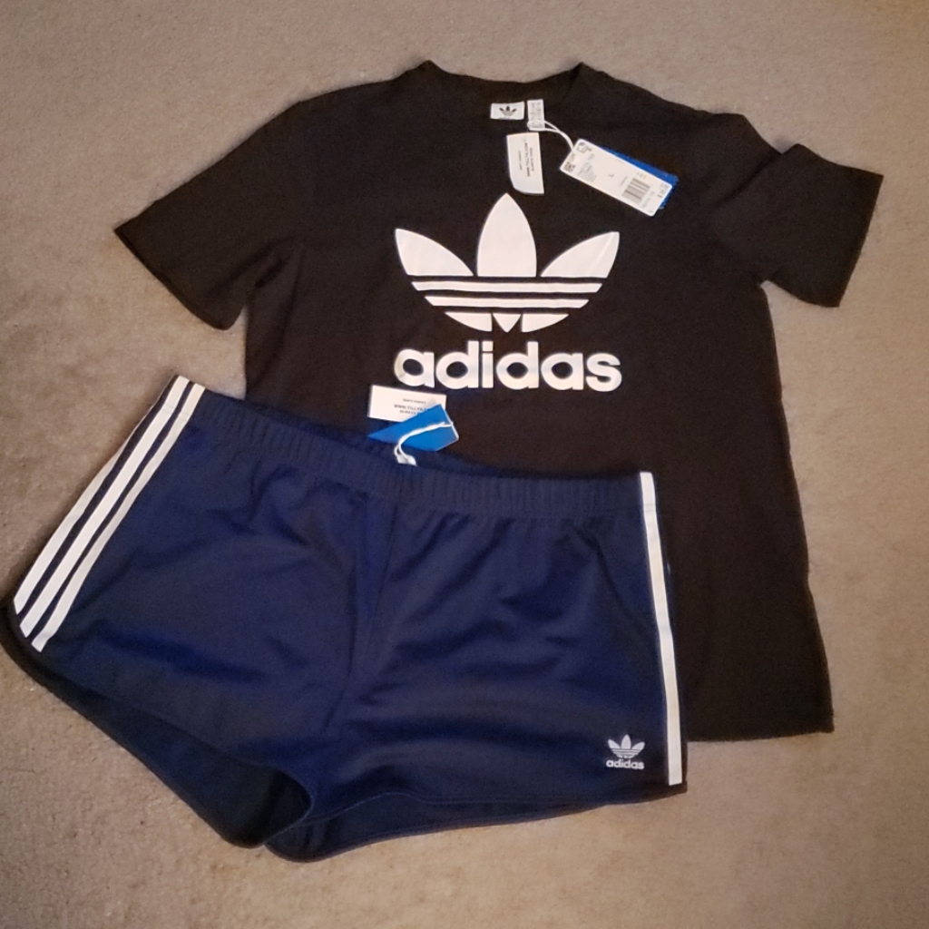 Adidas Trefoil Black Shirt & Blue Shorts Set
